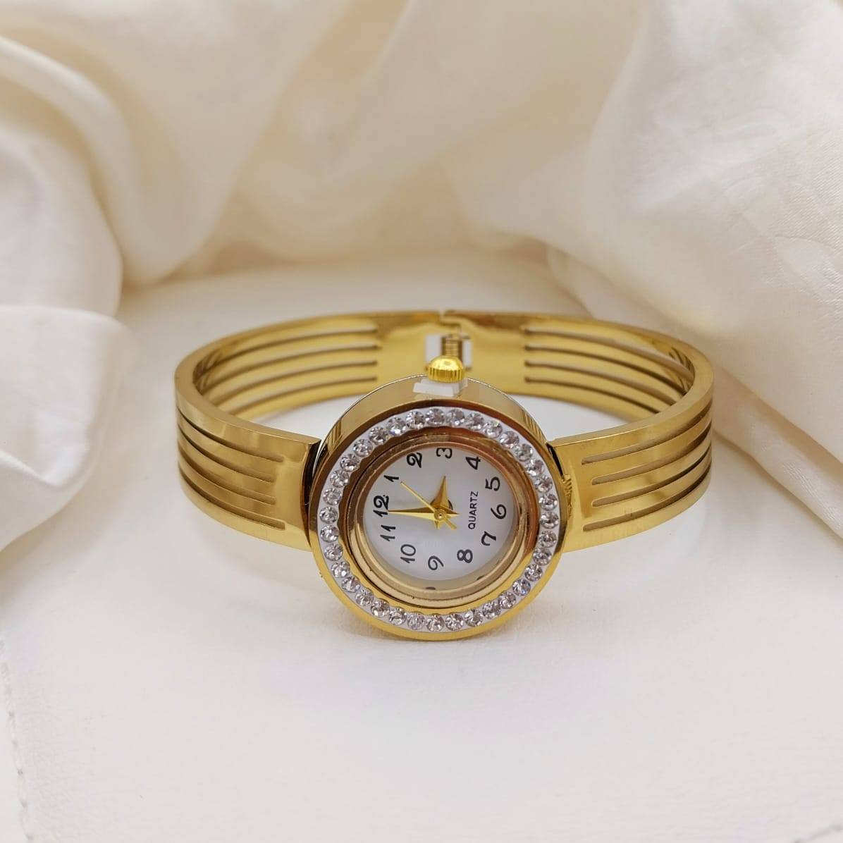 Radiant Gold-Plated Wristwatch with Heart Motif & Crystal Accents