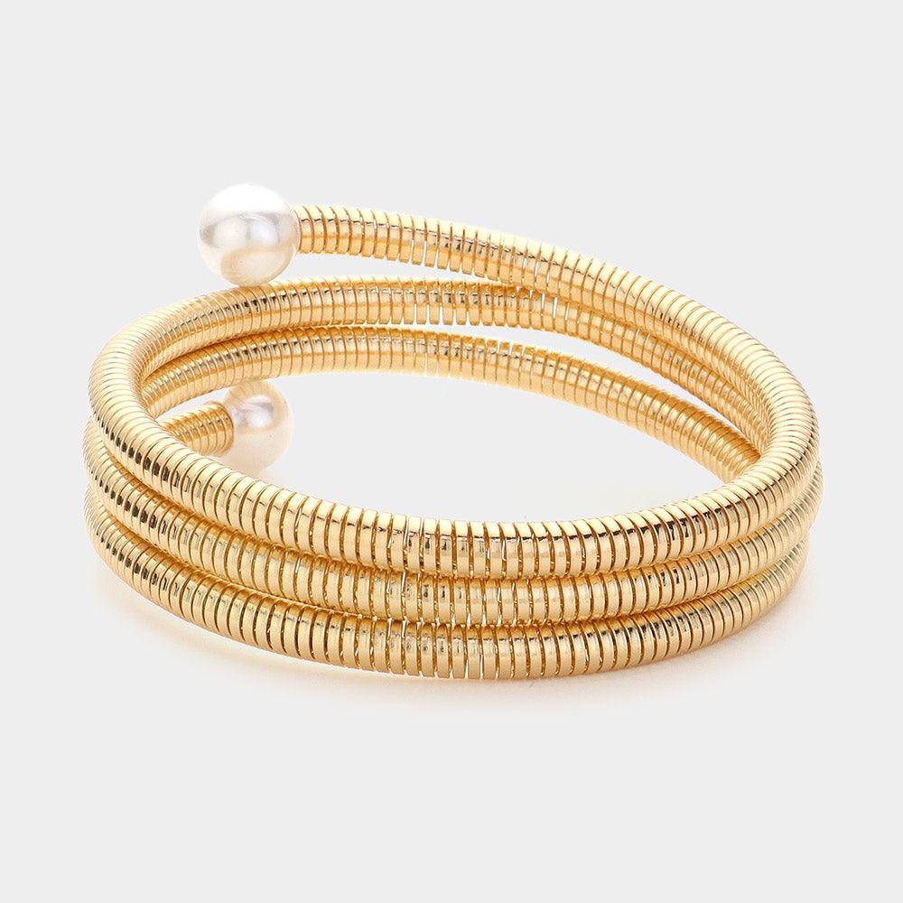 Meher | Gold Coil Bracelet with Pearl Accents