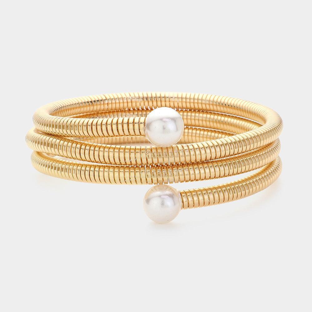 Meher | Gold Coil Bracelet with Pearl Accents