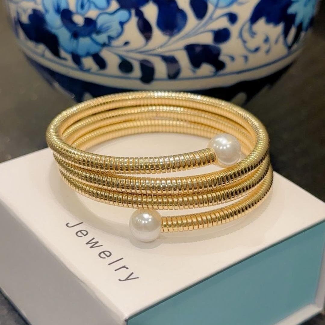 Meher | Gold Coil Bracelet with Pearl Accents