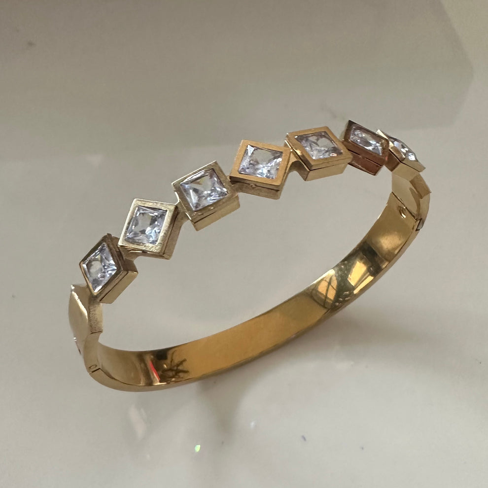 Elegant Gold-Plated Bangle with Square-Cut Crystal Accents