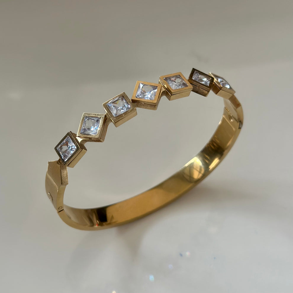 Elegant Gold-Plated Bangle with Square-Cut Crystal Accents