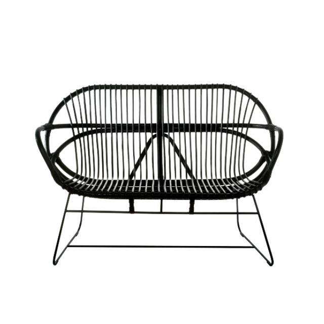 Open Rattan Bench in Black | Traditional Wicker Rattan Sofa
