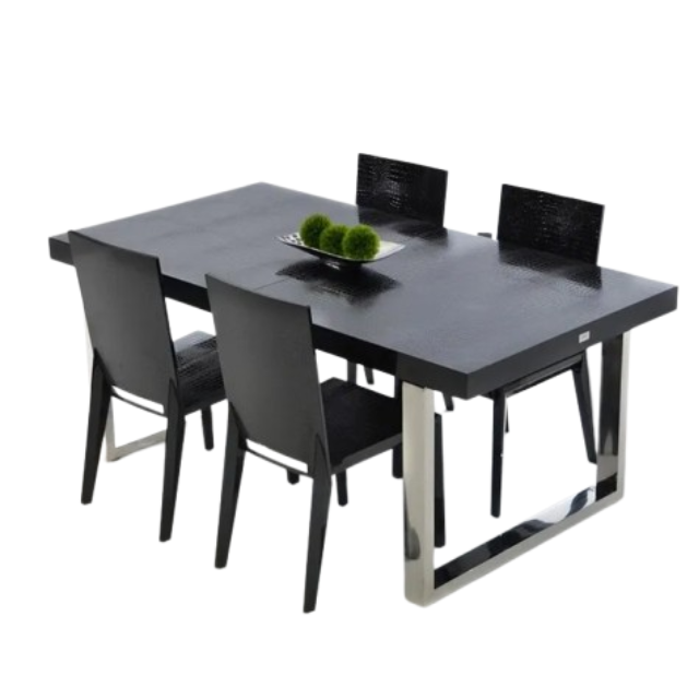 Modern Black Crocodile Dining Table - Sleek Stainless Steel Base Design