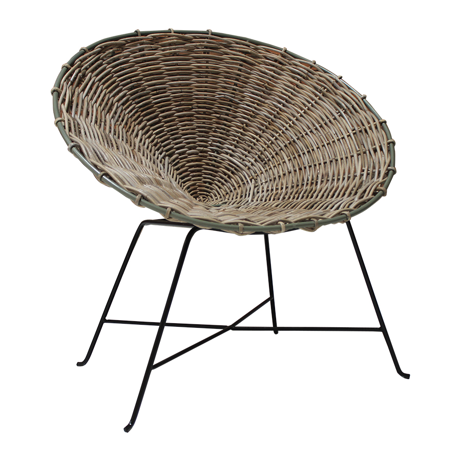 Rattan Round Chair - Conran Style Basket Weave with Black Steel Legs