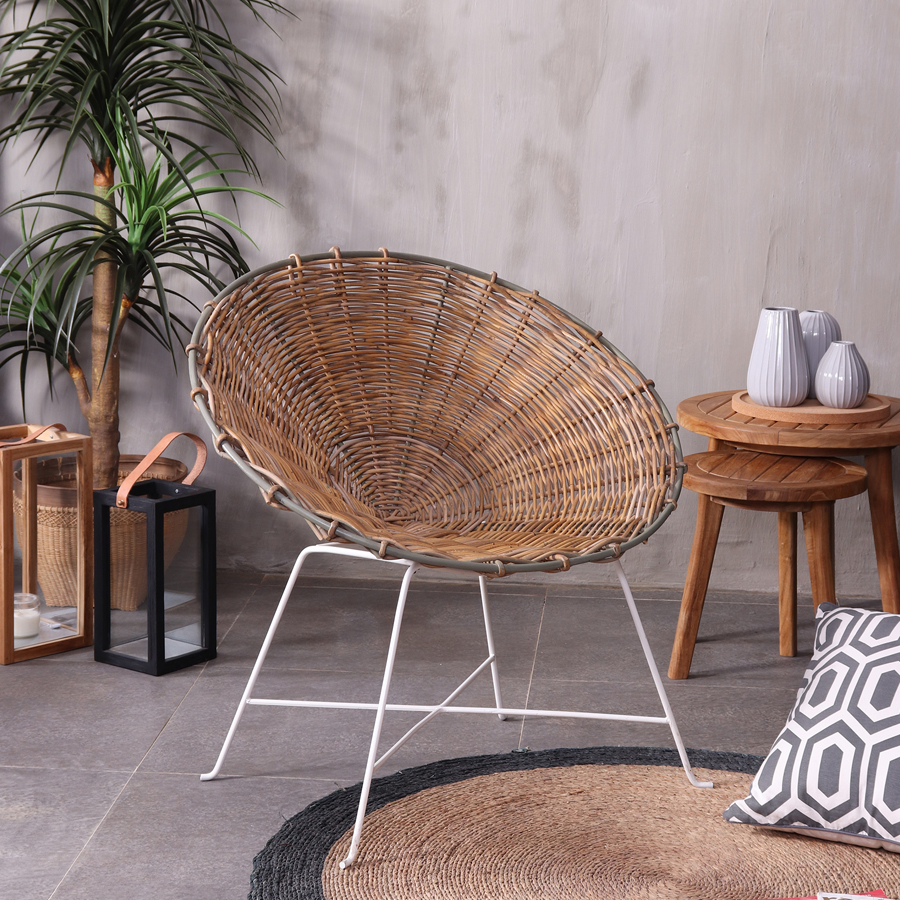 Rattan Round Chair - Conran Style Basket Weave with Black Steel Legs
