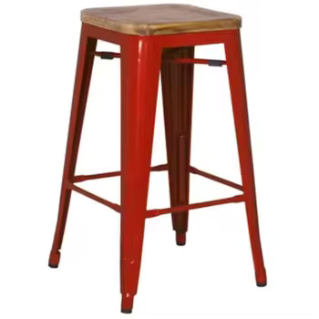 High Backless Red Metal Counter Stool - Industrial Bar Stool with Square Wood Seat