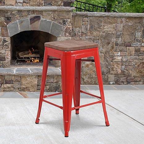 High Backless Red Metal Counter Stool - Industrial Bar Stool with Square Wood Seat