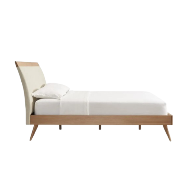 Mid-Century Modern Beige Fabric Upholstered Walnut Platform Bed