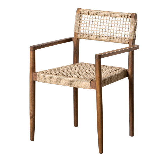 Rustic Coastal Teak Wood Garden Chair with Woven Rope Design