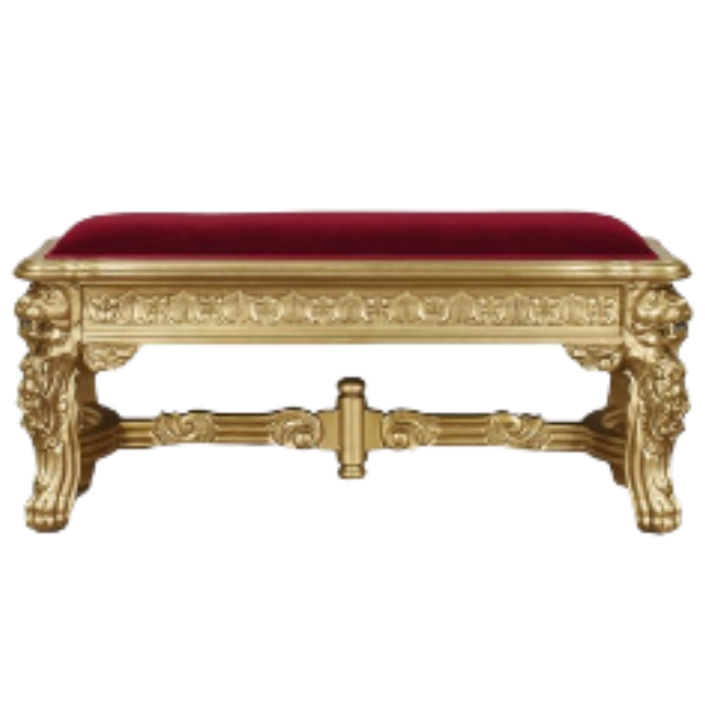 Hand-Carved Lion Stool in Gold Leaf with Red Velvet Upholstery