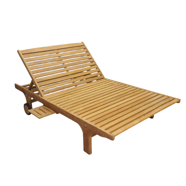 Teak Double Chaise Sun Lounger with Adjustable Backrests and Wheels