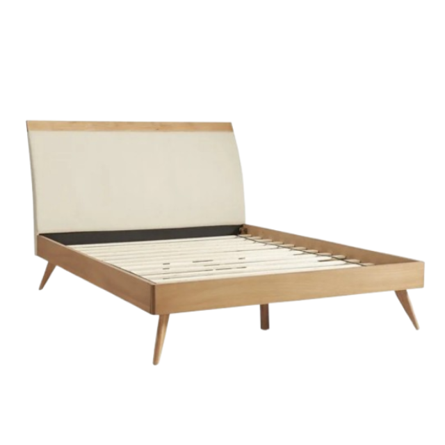 Mid-Century Modern Beige Fabric Upholstered Walnut Platform Bed