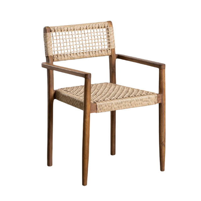 Rustic Coastal Teak Wood Garden Chair with Woven Rope Design
