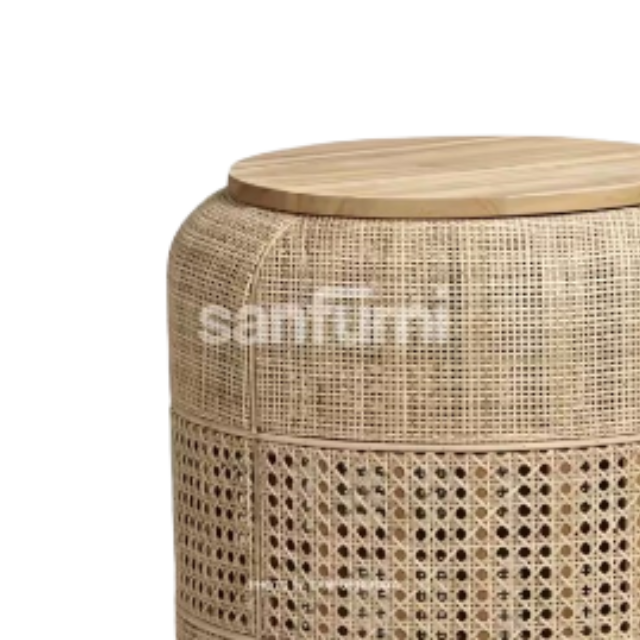 Rattan Side Table with Wooden Top Modern Natural Design