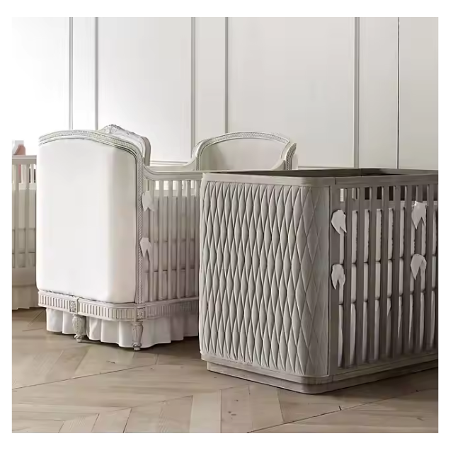 Baby & Child Drake Upholstered Crib | Diamond Tufted Panels & Weathered Finish