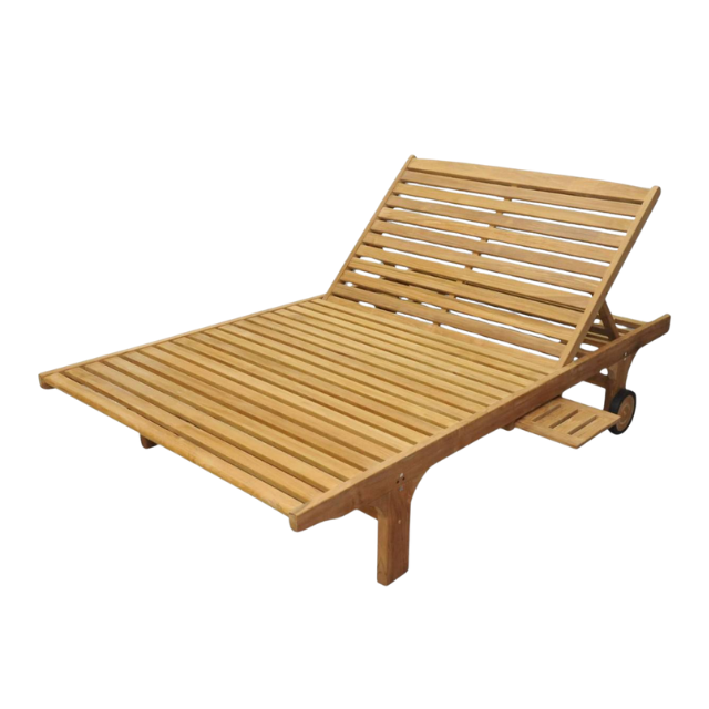 Teak Double Chaise Sun Lounger with Adjustable Backrests and Wheels