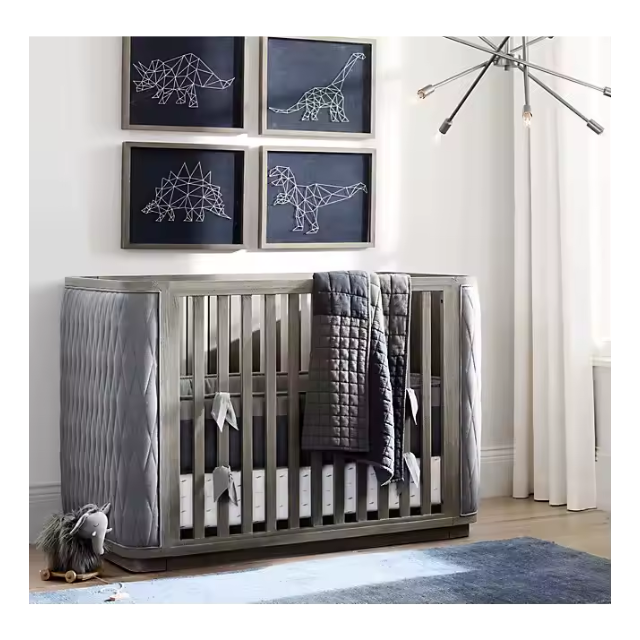 Baby & Child Drake Upholstered Crib | Diamond Tufted Panels & Weathered Finish