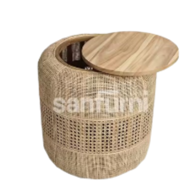 Rattan Side Table with Wooden Top Modern Natural Design