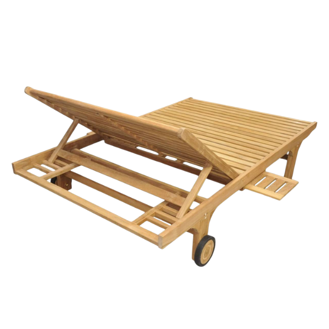 Teak Double Chaise Sun Lounger with Adjustable Backrests and Wheels