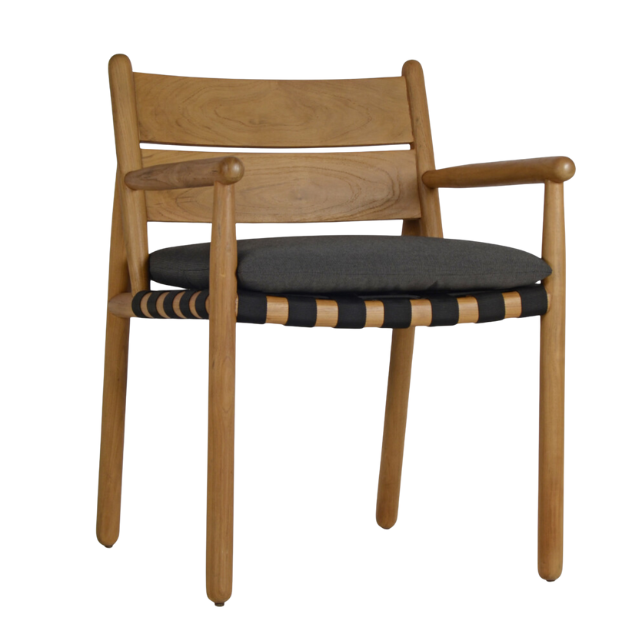Garden Teak Wood Armchair with Outdoor Strapping and Sunproof Cushion
