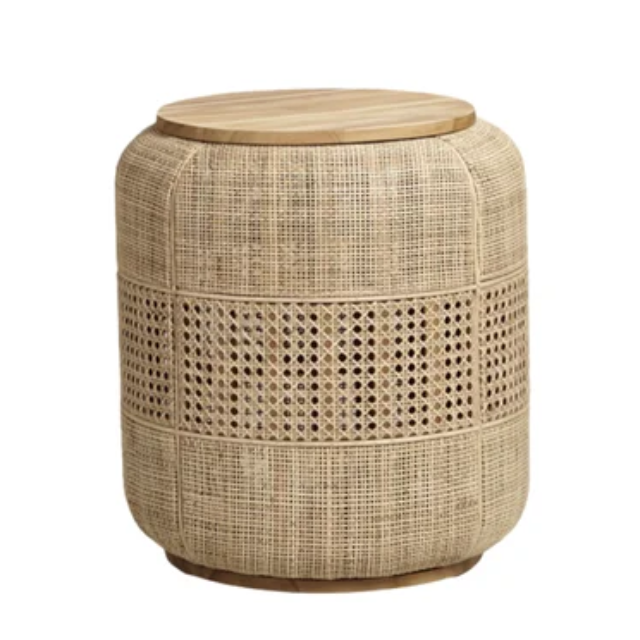 Rattan Side Table with Wooden Top Modern Natural Design