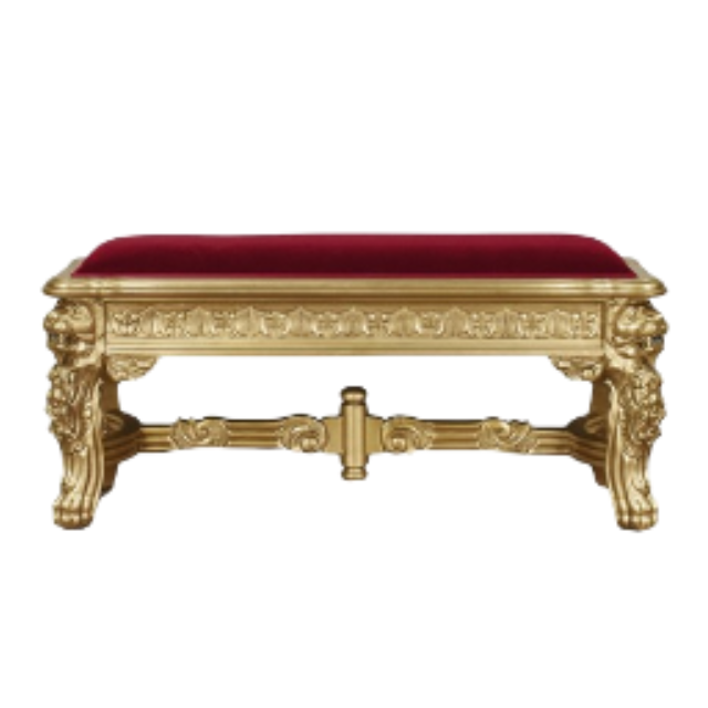 Hand-Carved Lion Stool in Gold Leaf with Red Velvet Upholstery