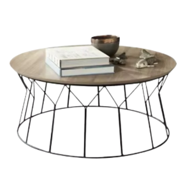 Mid-Century Wood Coffee Table Geometric Iron Base for Interiors