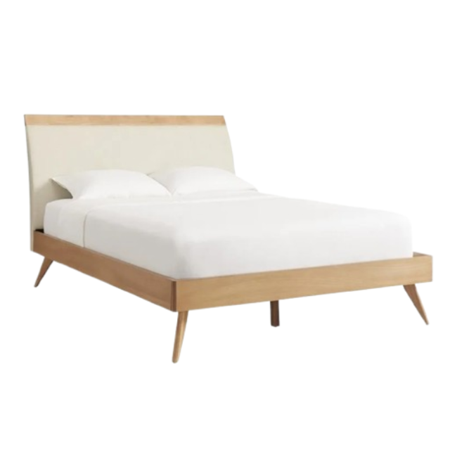 Mid-Century Modern Beige Fabric Upholstered Walnut Platform Bed