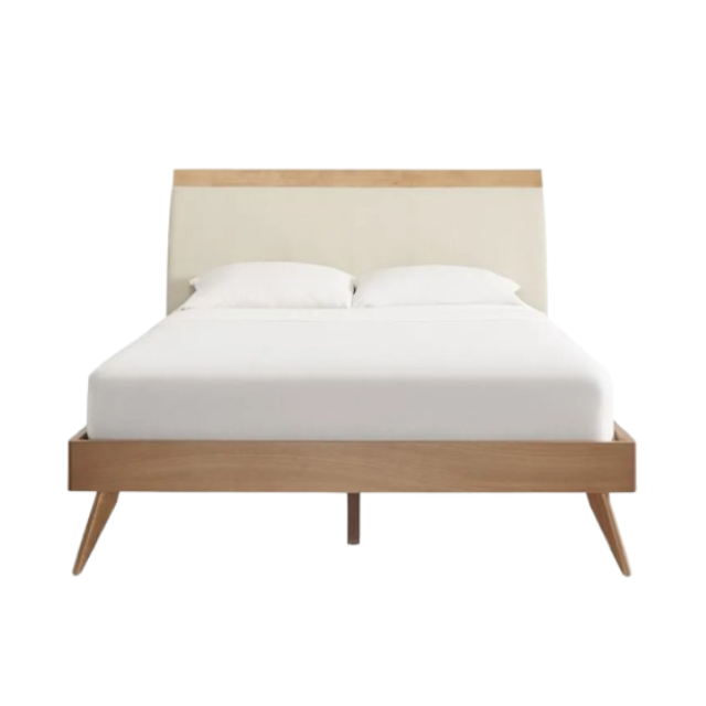 Mid-Century Modern Beige Fabric Upholstered Walnut Platform Bed
