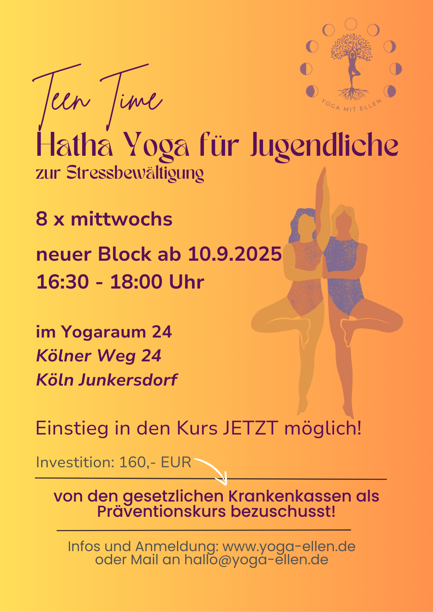Teenie Yoga, donnersatgs 16:30 Uhr, im Yogaraum24 Köln Junkersdorf