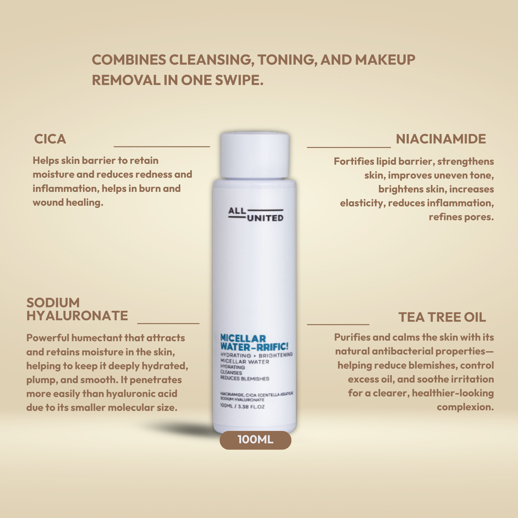 ALL UNITED Skin Micellar Water-rrific 100ml - Hydrating & Brightening Formula with Triple-Action Technology for Cleansing Toning & Makeup Removal