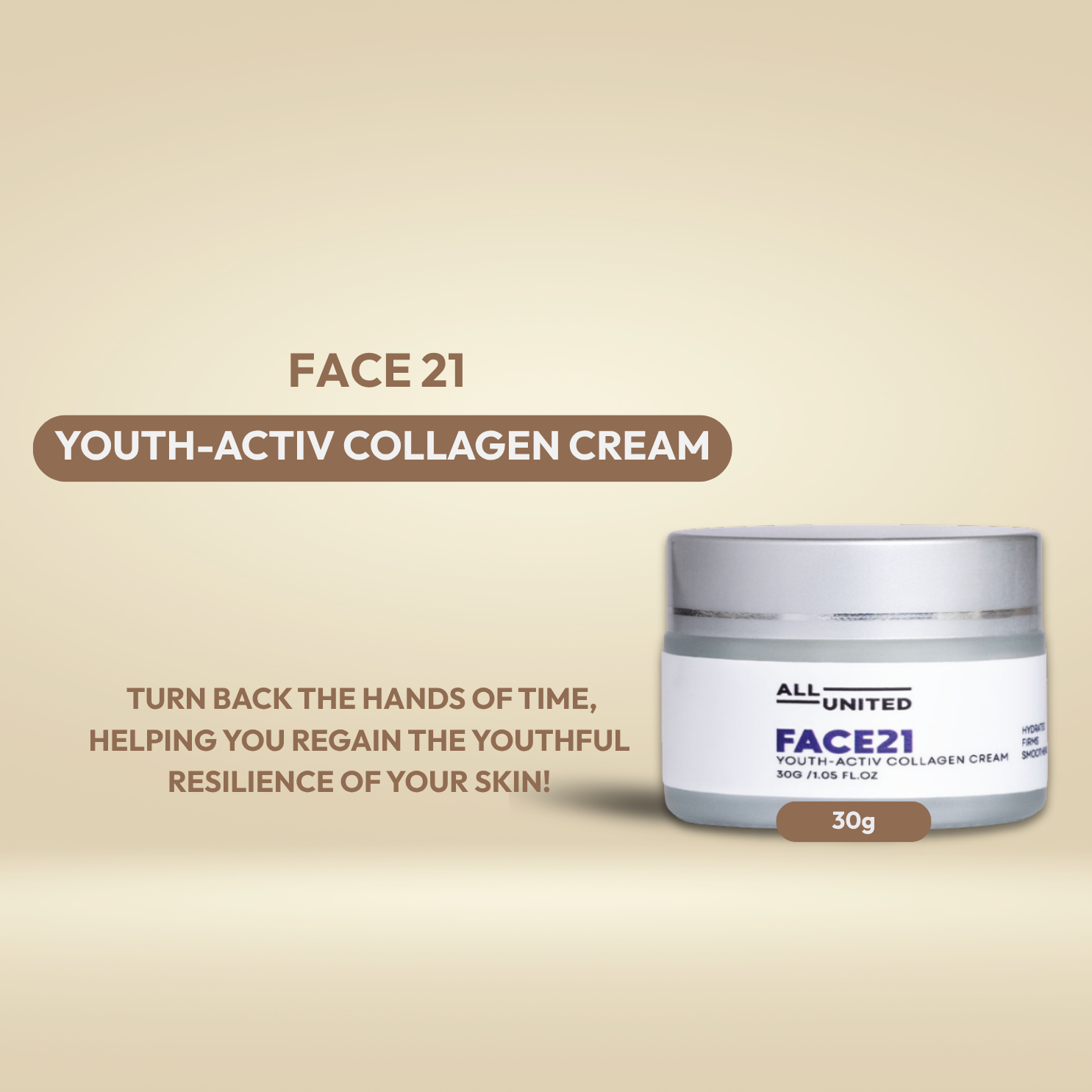 All United FACE21 Youth-Activ Collagen Cream for Firmer Skin, Reduced Wrinkles & Fine Lines - 30g