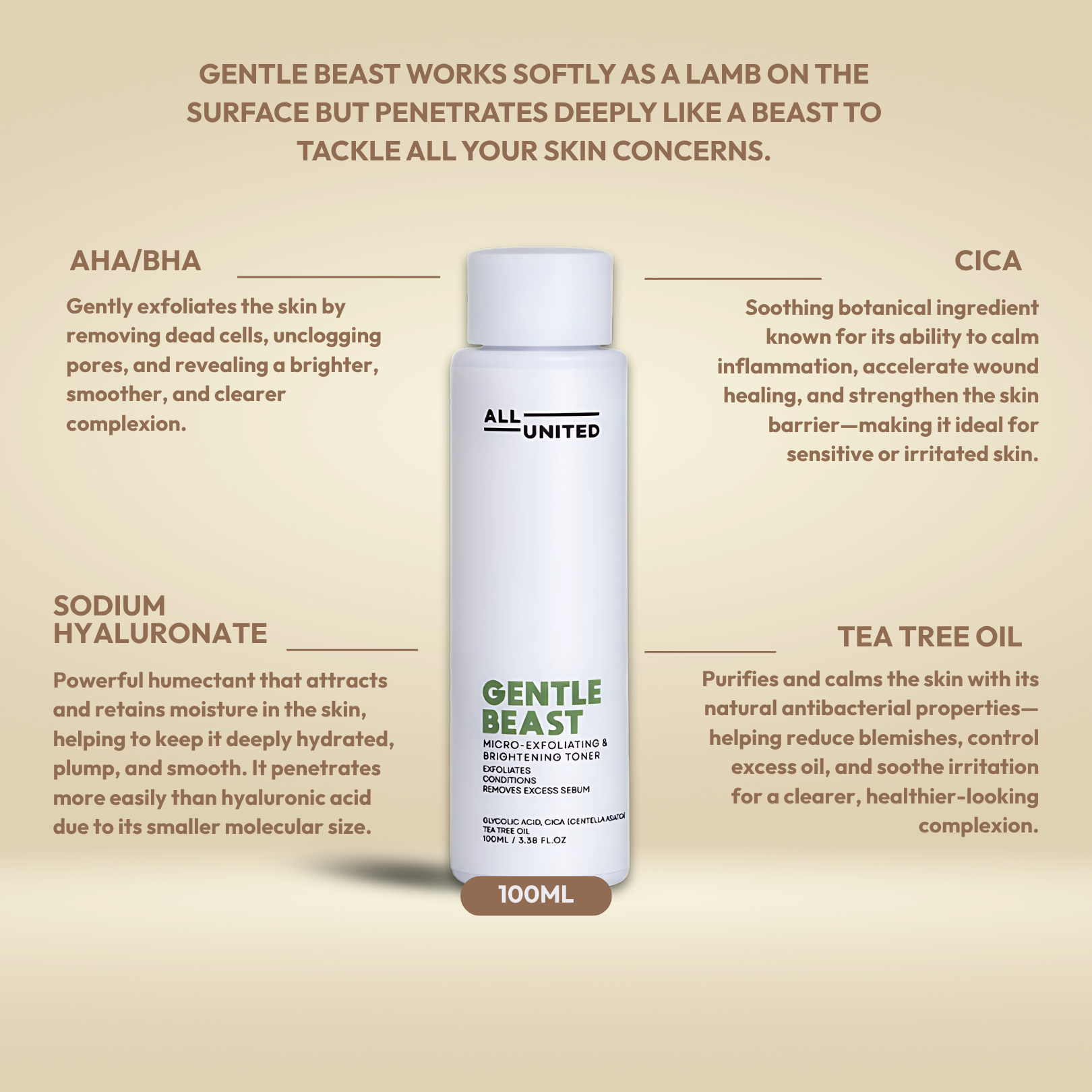 ALL UNITED Skin Gentle Beast Micro Exfoliating & Brightening Toner for Radiant Glowing Skin 100ml with AHA BHA Centella Asiatica & Tea Tree Oil