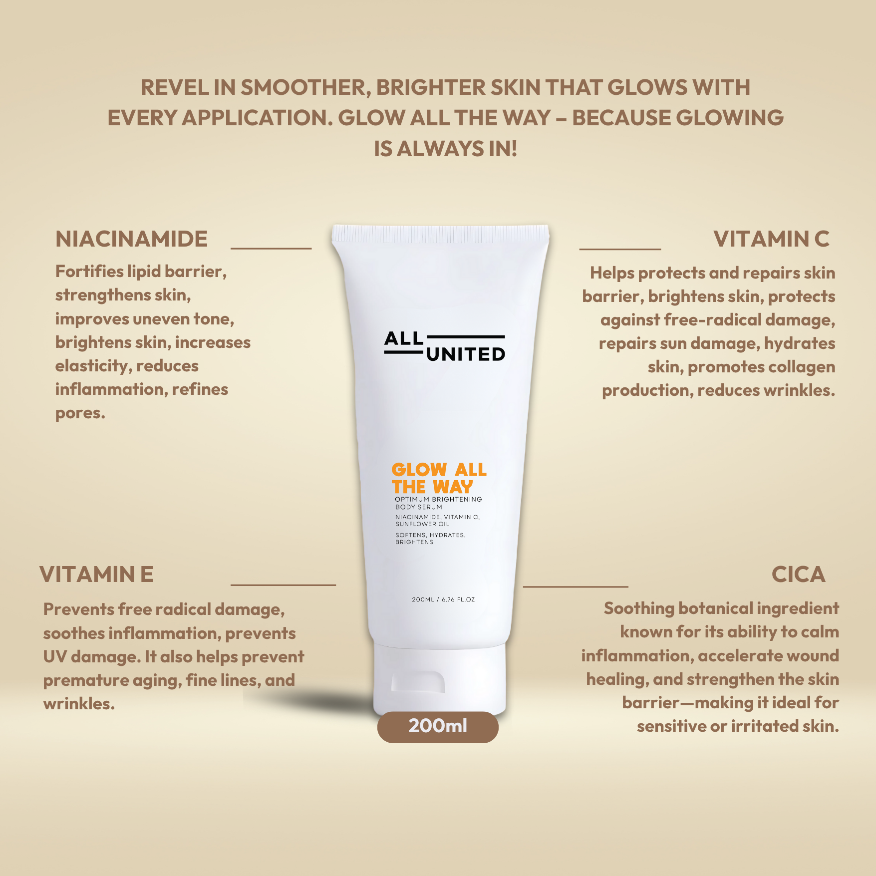 All United Glow All the Way Optimum Brightening Body Serum for Strengthened Skin Barrier - 200ml