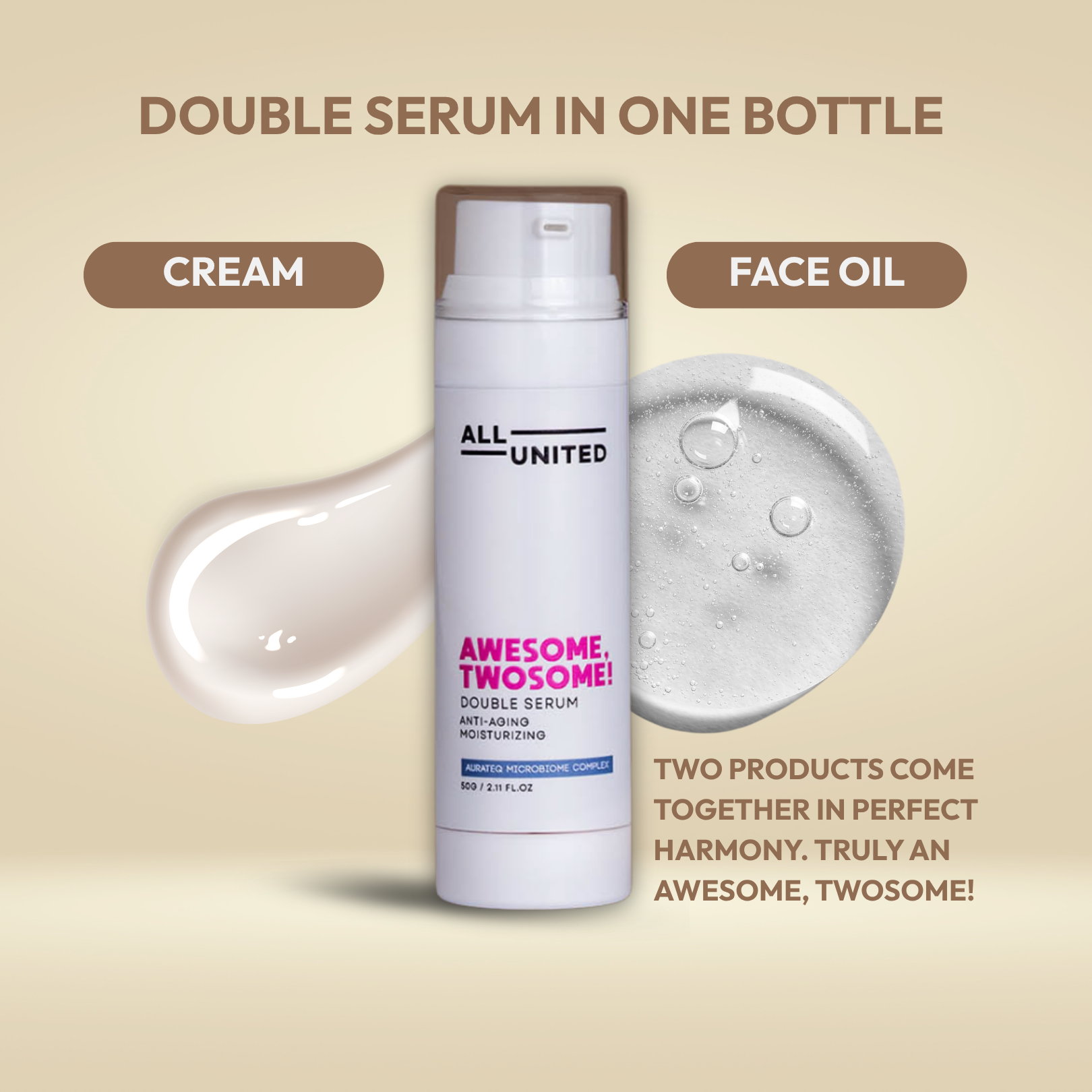 All United Awesome Skin Twosome Double Serum - Anti-Aging and Strengthening Skin Barrier Face Cream & Face Oil - 50ml