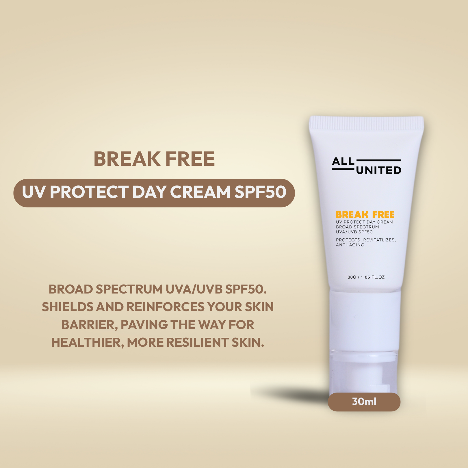 ALL UNITED Skin Break Free UV Protect Day Cream SPF 50 Broad Spectrum UVA/UVB for Sun Protection 30ml with Aurateq Microbiome Complex