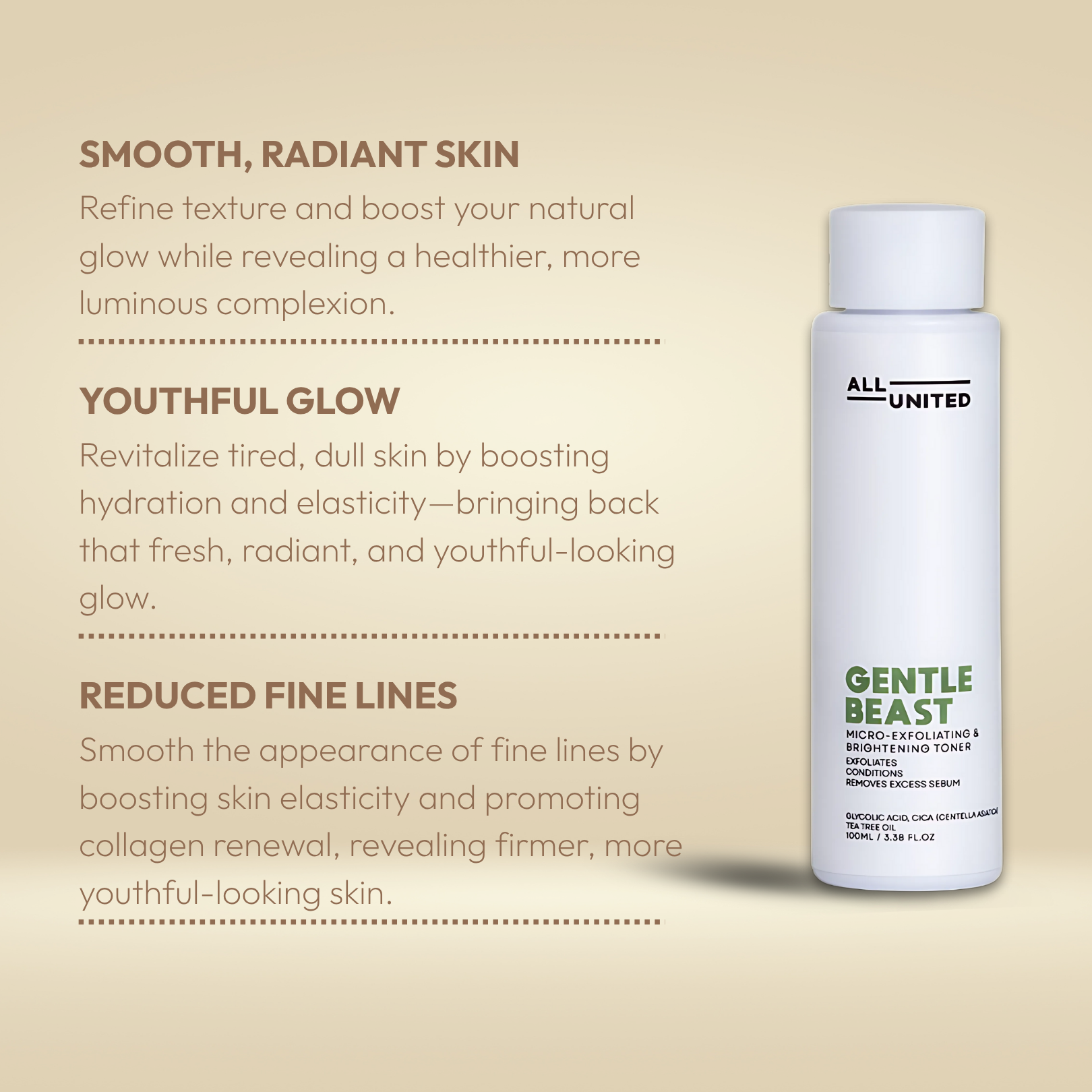 ALL UNITED Skin Gentle Beast Micro Exfoliating & Brightening Toner for Radiant Glowing Skin 100ml with AHA BHA Centella Asiatica & Tea Tree Oil