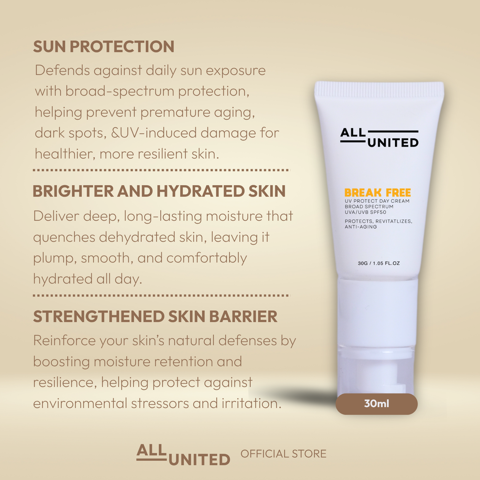 ALL UNITED Skin Break Free UV Protect Day Cream SPF 50 Broad Spectrum UVA/UVB for Sun Protection 30ml with Aurateq Microbiome Complex