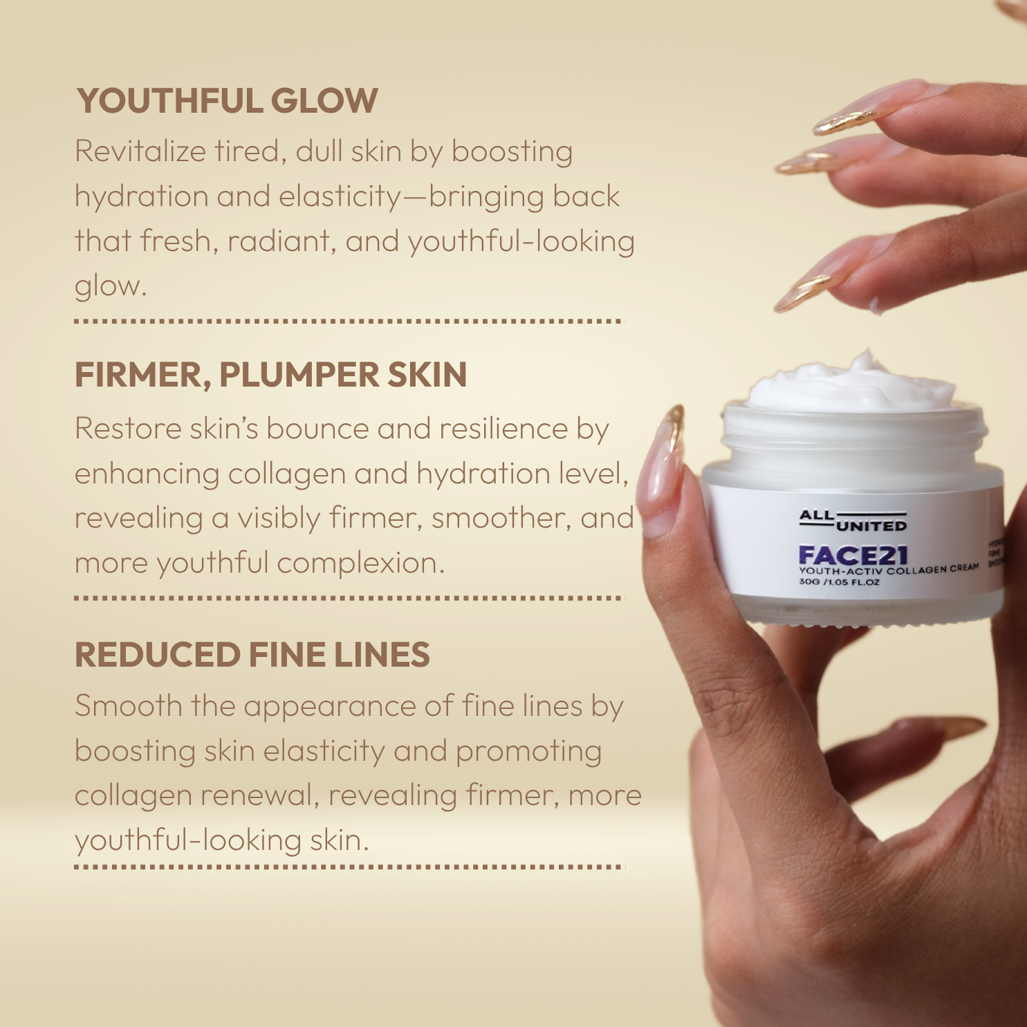 All United FACE21 Youth-Activ Collagen Cream for Firmer Skin, Reduced Wrinkles & Fine Lines - 30g