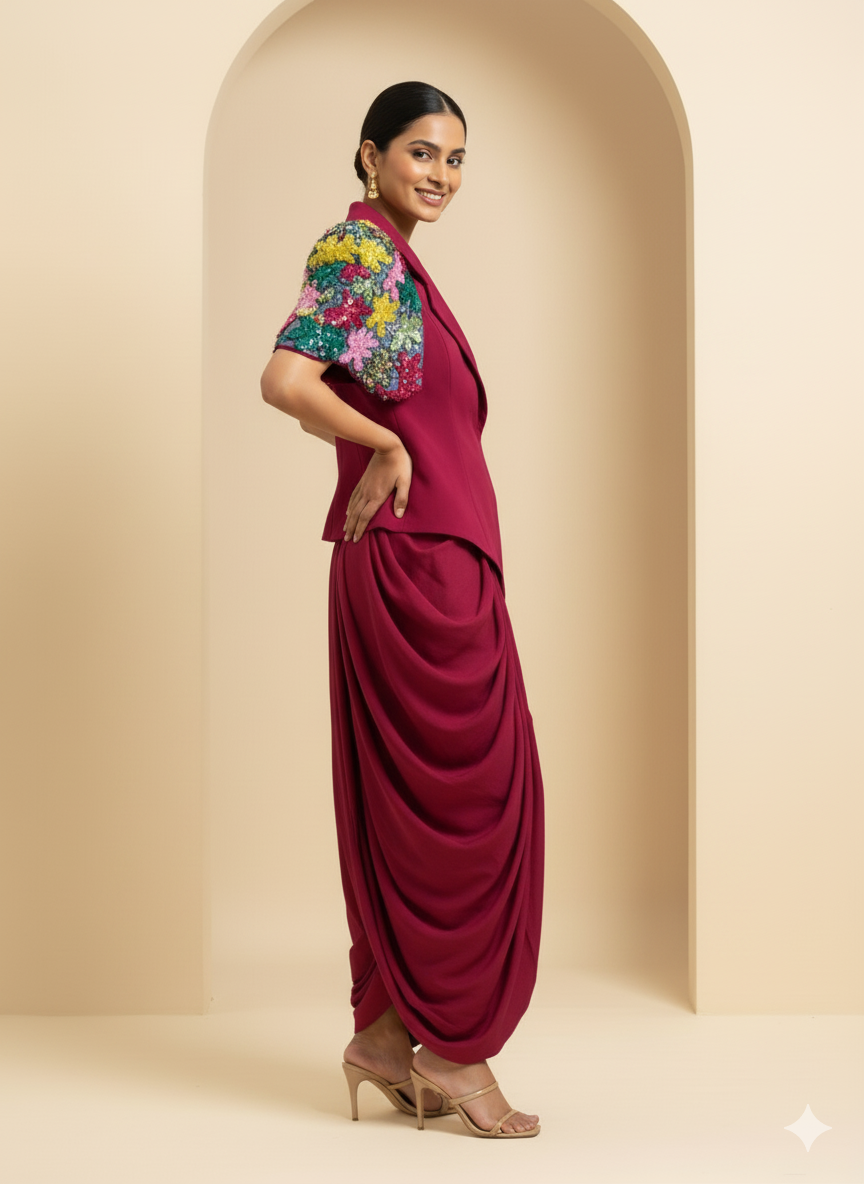 Floral Embroidered Blazer with Drape Scart