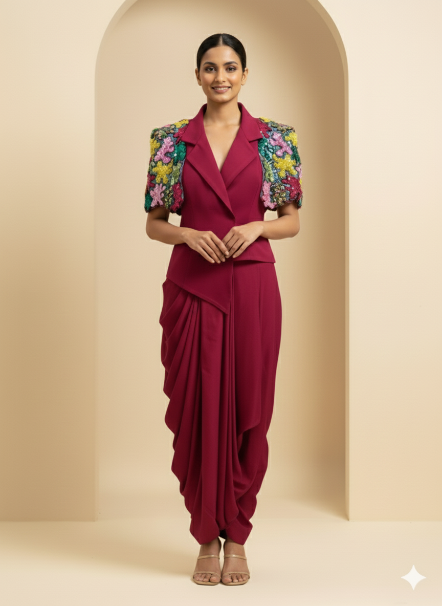 Floral Embroidered Blazer with Drape Scart