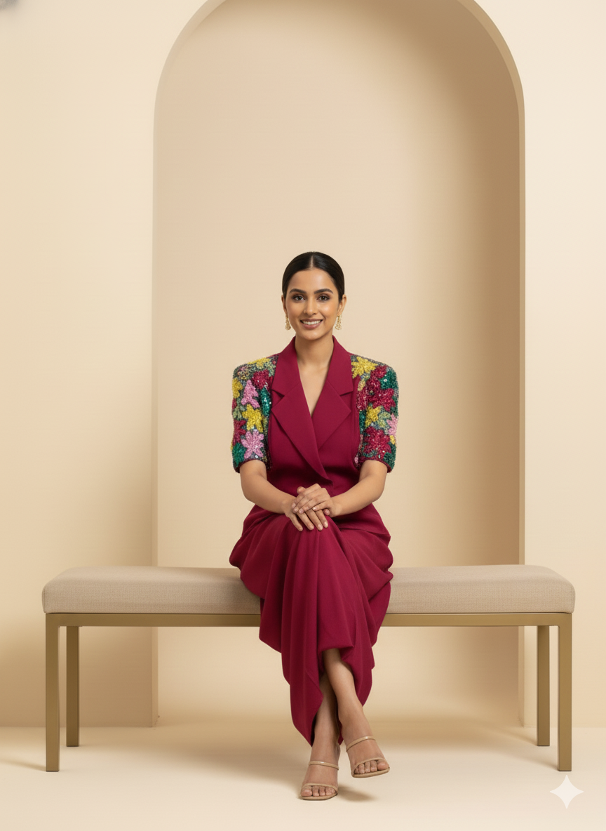 Floral Embroidered Blazer with Drape Scart