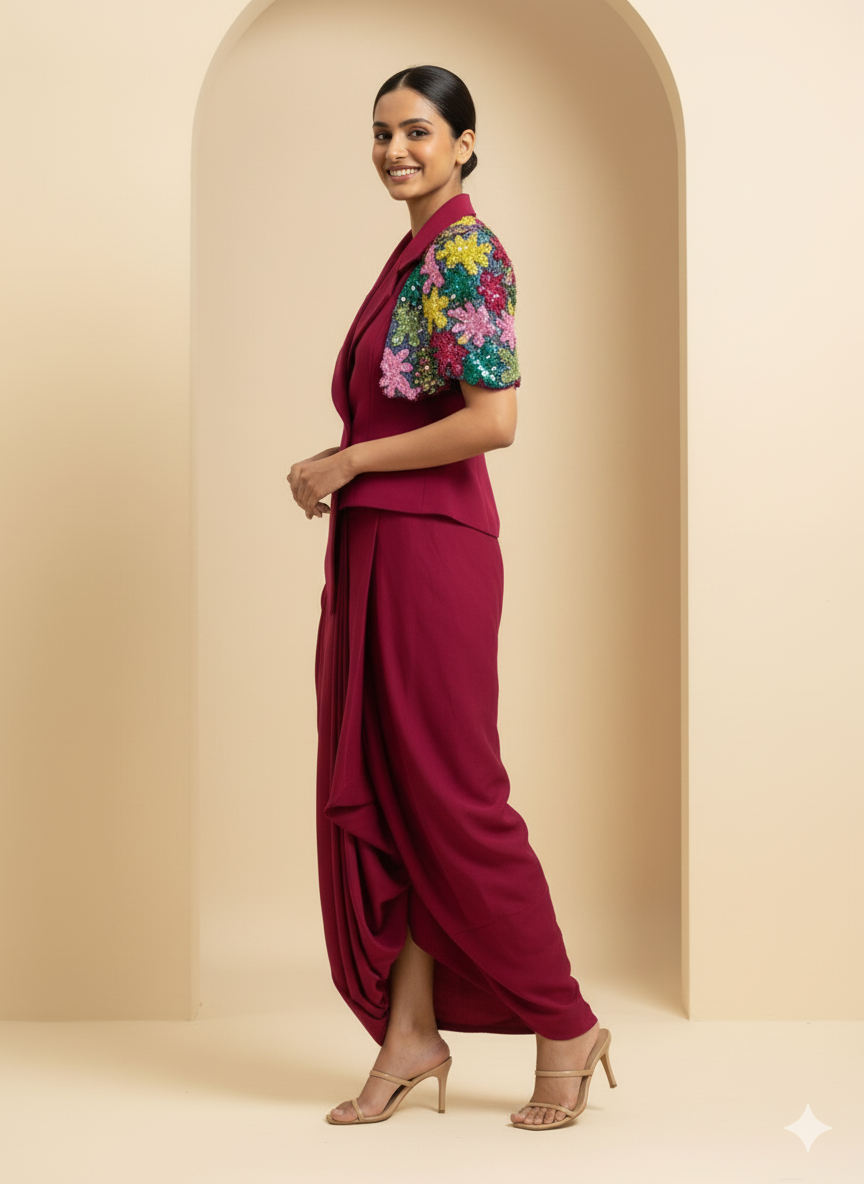 Floral Embroidered Blazer with Drape Scart