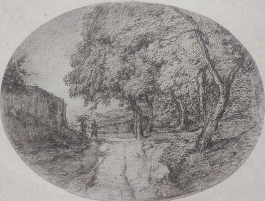 PAYSAGE DU XIXe promeneurs sur un chemin arboré-école de Barbizon 