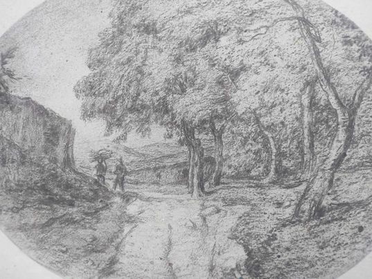 PAYSAGE DU XIXe promeneurs sur un chemin arboré-école de Barbizon 