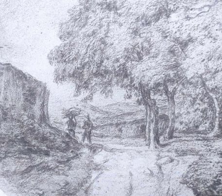 PAYSAGE DU XIXe promeneurs sur un chemin arboré-école de Barbizon 