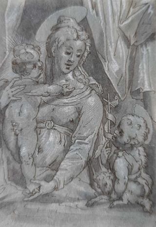 ECOLE ITALIENNE DU XVIè - Vierge a l'enfant accompagnée de Saint Jean Baptiste