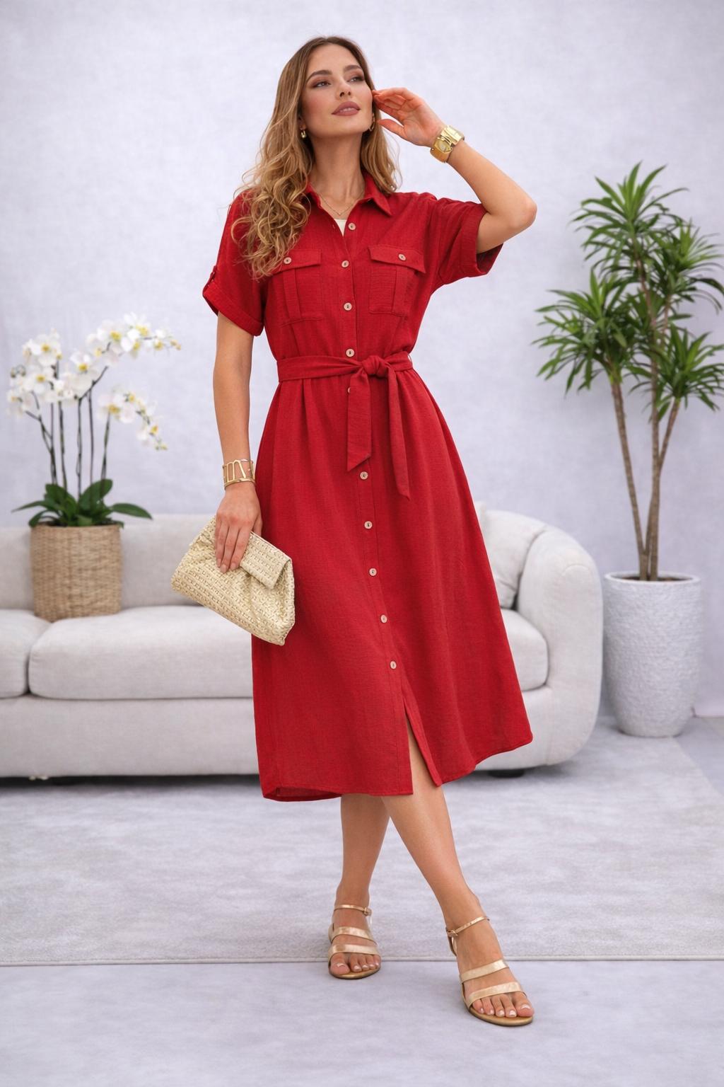 Vestido midi rojo con cinturón