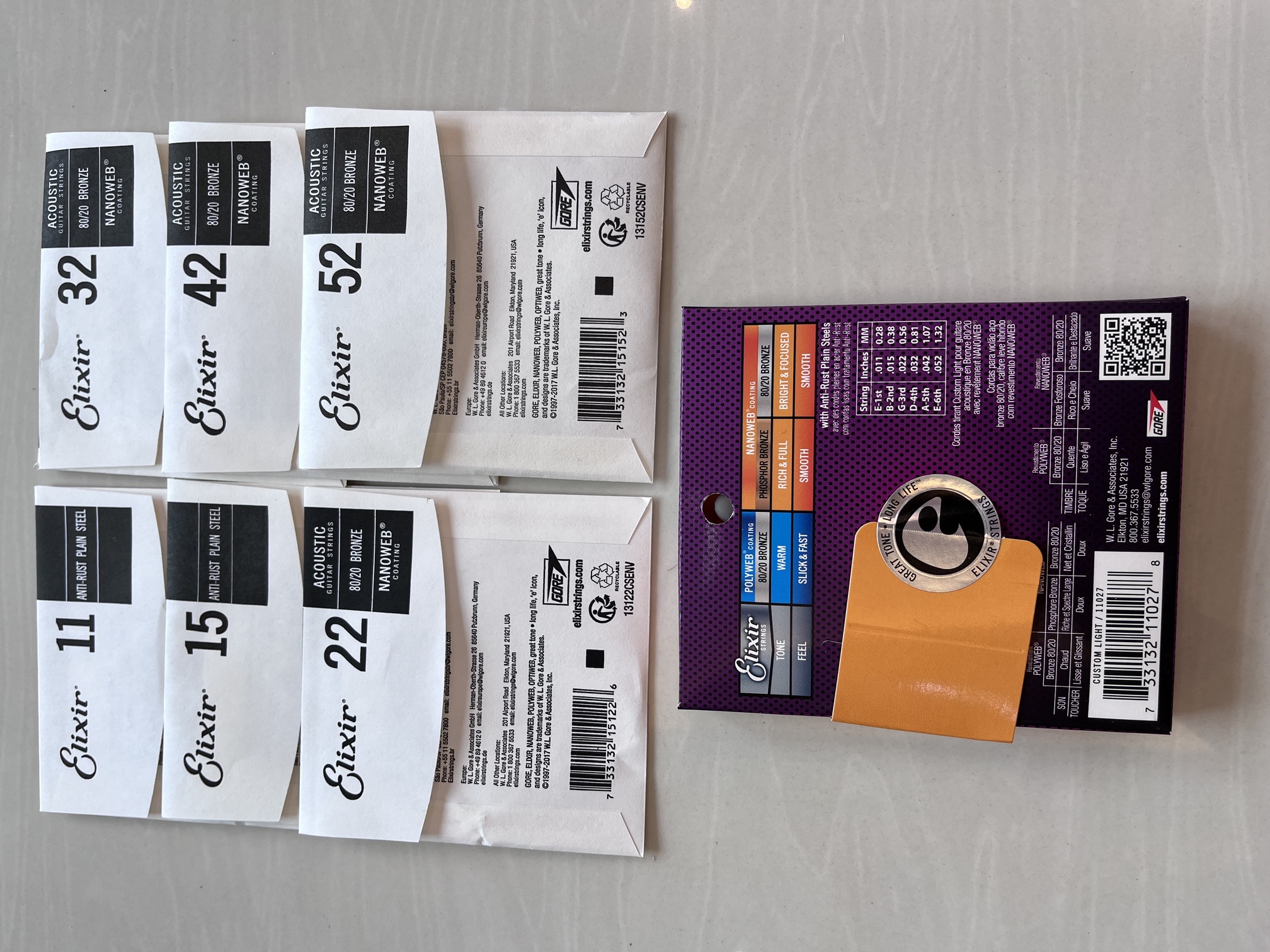 Elixir Strings Phosphor Bronze Acoustic Guitar Strings w NANOWEB Coating Custom Light (.011-.052)